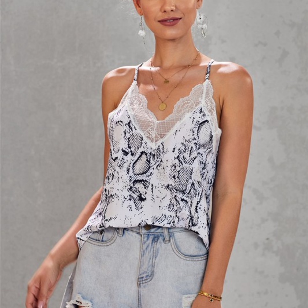 021 Boho Snakeskin Print Lace Cami Tank Top - Picture 12 of 12